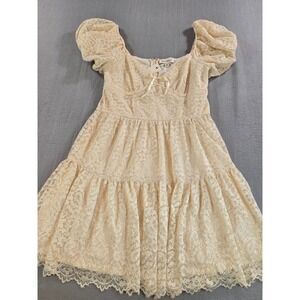 Francesca's Lace Mini Dress Women M Cream Puff Sleeve Tiered Sweetheart Coquette